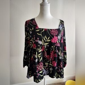 Dolan Anthropologie Cherie Black Floral Babydoll Top Blouse Size S Square Neck